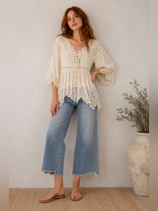 Tops - POL Crochet Bell Sleeve Boho Lace Up Peasant Top size small Summer Bohemian 70s